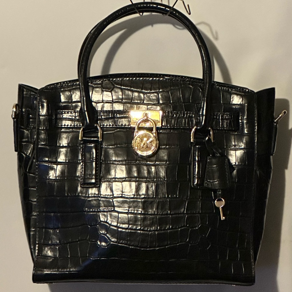 Authentic Michael Kors Black Crocodile Embossed polished leather Handbag #blk